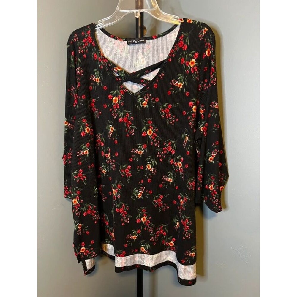 Kim & Cami Black Ribbed Crisscross Top with Red & Yellow Floral Accents
